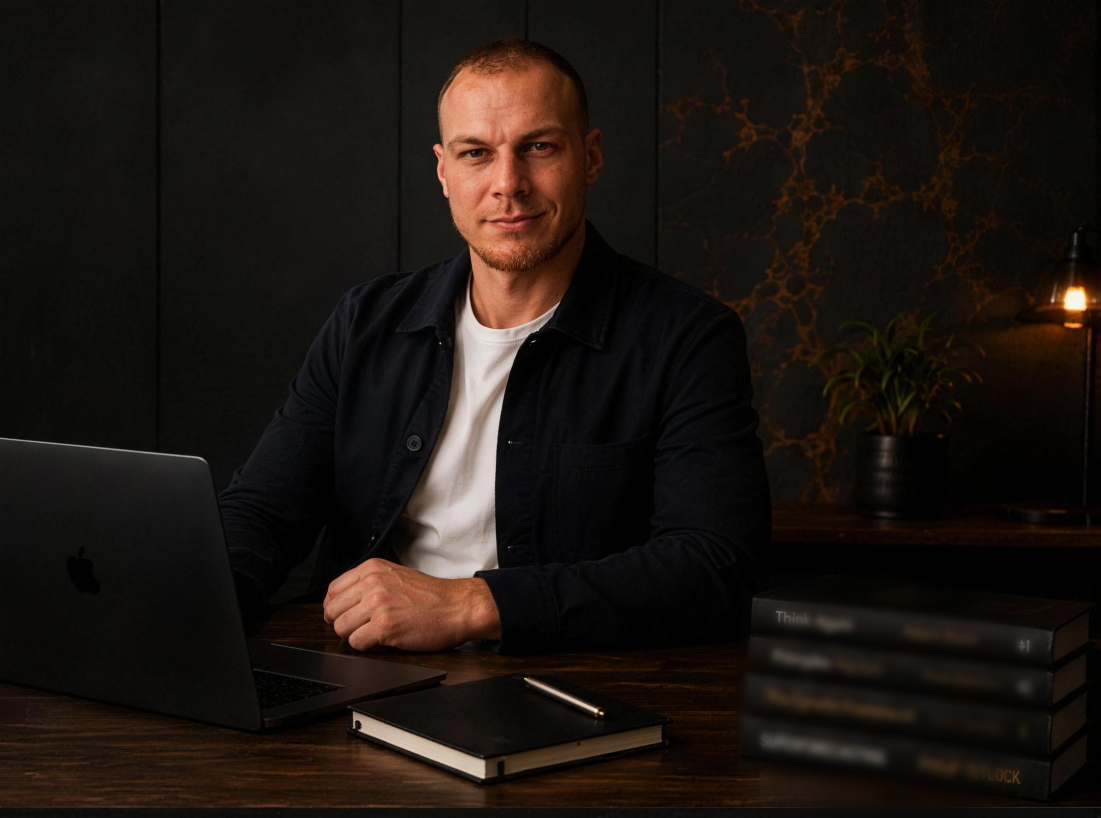 Nick Takkenberg, zittend aan een donker houten bureau met laptop en notitieboek